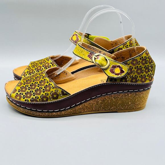 Spring Step L'Artiste Sandals Women 9.5 Green Leather Delphia Wedge Floral Strap - Picture 3 of 11